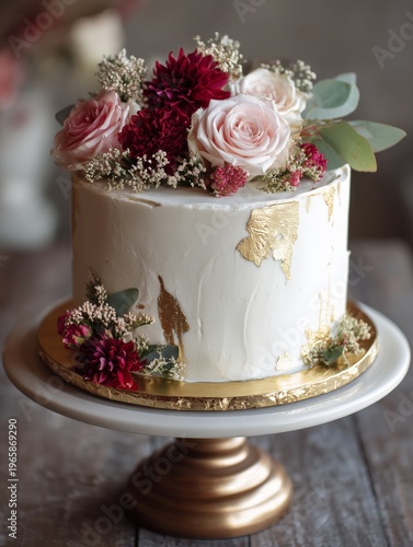 Cake With Floral Decoration and Gold Accents on Display at a Celebration Even...