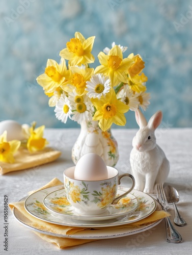 Bright Flowers and Table Setting for Spring Celebration With Eggs and Bunny Figure