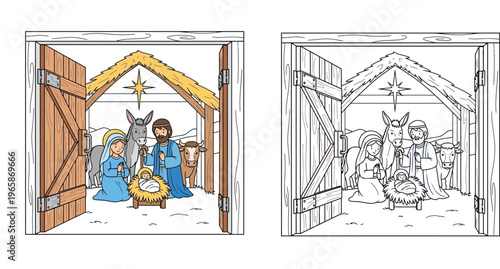 Christmas Nativity Scene Illustration Color and Outline Version Coloring Page with Baby Jesus Mary and Joseph