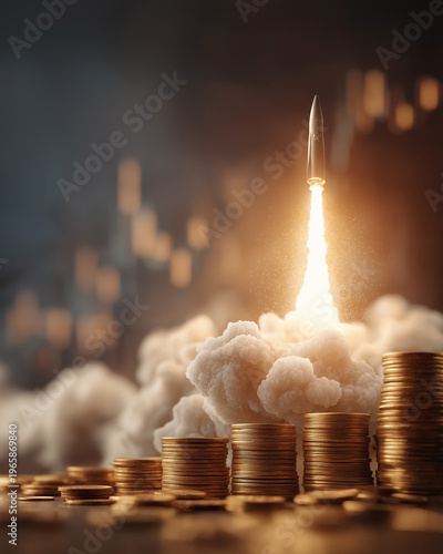 Wallpaper Mural Financial Growth Rocket: A gleaming rocket bursts upwards from a foundation of stacked coins, symbolizing rapid financial growth, innovative investment, and boundless success in the fiscal landscape. Torontodigital.ca