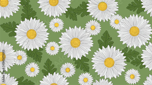 Lush floral pattern composed of large white daisies with golden yellow centers and detailed green leaves against a calm sage green background.