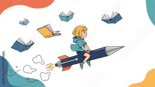 Imaginative illustration of a young girl flying through the air on a large pencil rocket surrounded by many floating open books and clouds.