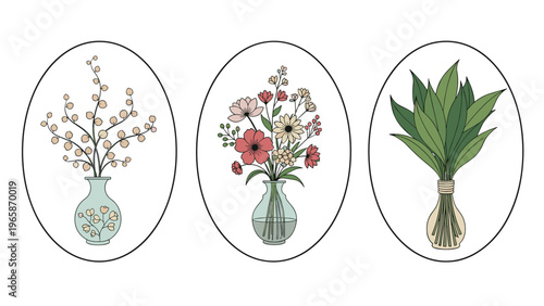 Three decorative oval illustrations showcasing minimalist botanical arrangements including budding twigs, wildflowers, and green leaves in vases.
