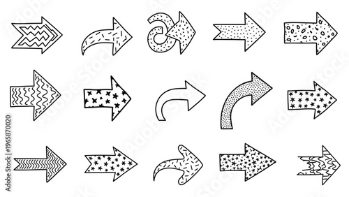 Set of fifteen creative hand drawn arrows decorated with different patterns like stars, zigzags, and dots in a bold black and white style.