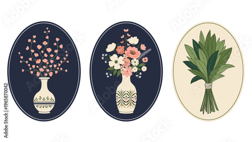 Trio of vintage style oval frames containing beautiful floral arrangements and a bundle of green leaves set against dark and light backgrounds.