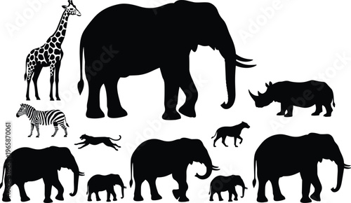 Silhouette vector set of wild and farm animals including elephant lion giraffe and bear