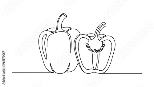 Minimalist continuous line art drawing depicts two bell peppers with one whole vegetable and another sliced in half.