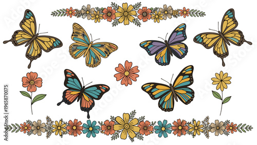 Vibrant butterfly collection features colorful winged insects and decorative floral borders in a charming vintage style.