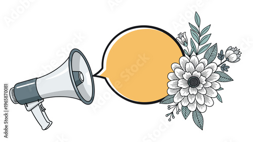 Megaphone illustration with a blank yellow speech bubble is surrounded by elegant hand drawn flowers and delicate leaves.