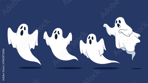Set of four playful cartoon white ghosts with expressive faces float against a solid dark blue background for Halloween.