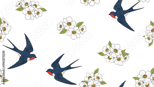 Beautiful seamless pattern combines graceful flying swallow birds and delicate white floral clusters on a clean background.