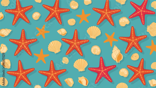 Vibrant sea life pattern features orange and red starfish along with various detailed seashells on a bright blue background.