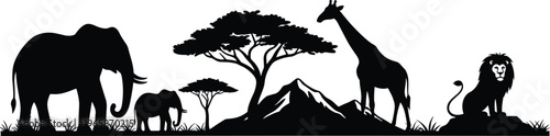 Black silhouette illustration of a horse standing in grass with birds flying in nature style