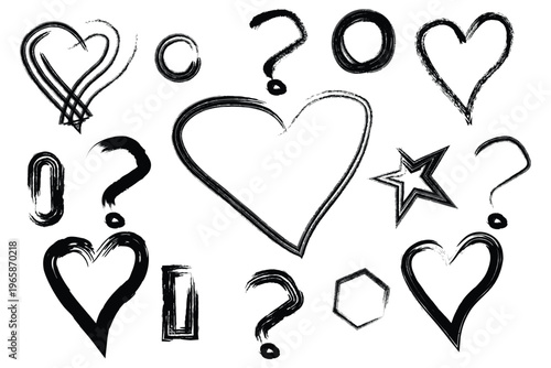 Collection of hand drawn hearts and question marks