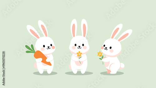 Three adorable white cartoon bunnies are shown holding a large carrot and yellow spring flowers on a soft green background.