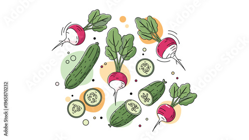 Hand drawn pattern of fresh radishes and cucumber slices are scattered artistically with colorful circle accents for decor.