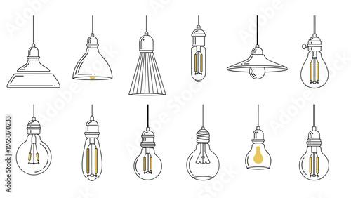 Set of twelve minimalist line drawings depicts different styles of vintage light bulbs and modern hanging pendant lamps.