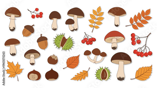 Collection of autumn nature stickers includes various mushrooms, acorns, chestnuts, colorful fall leaves, and berry branches.