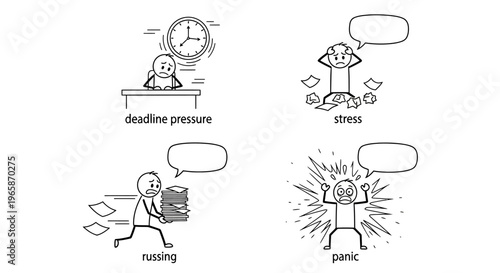 Comic Strip Illustrating Stick Figures Experiencing Workplace Stress, Deadline Pressure, Rushing and Panic, in bright studio.