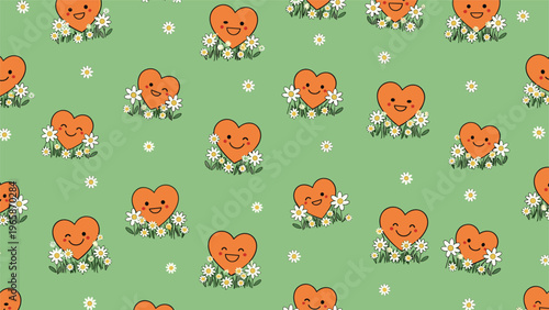 Cheerful seamless pattern consists of smiling orange heart characters sitting in patches of daisies over a green field.