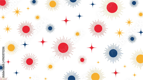 Geometric seamless pattern features stylized sun and star shapes in primary colors of red, blue, and yellow on white space.