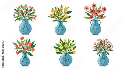 Six different floral arrangements are presented in matching blue glass vases featuring various colorful flowers and greenery.