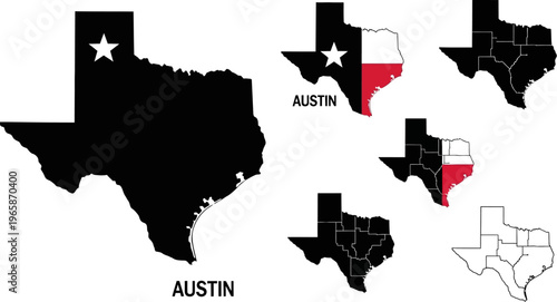 Texas state map with Austin city and different colored regions on white background