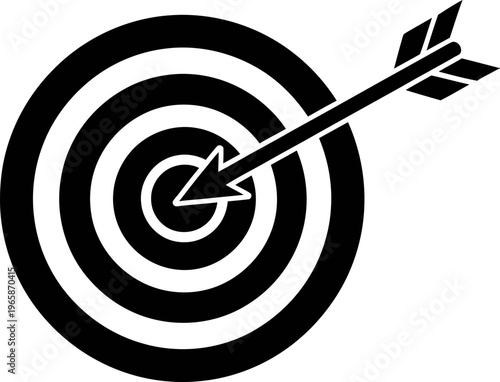 black and white illustration of a target with an arrow hitting the bullseye in the center