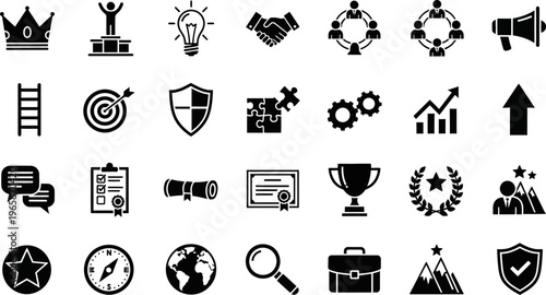 collection of business success and achievement icons on white background