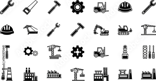 Collection of construction and industrial tools and machines icons in black and white isolated on white background