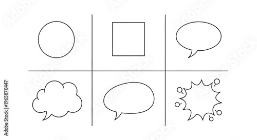Grid featuring basic geometric shapes like circle and square, alongside outline comic speech and thought bubbles, illustrating fundamental design elements on isolated white background.