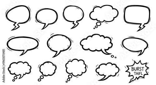 Diverse collection of outline speech bubbles, thought bubbles, and an explosion burst bubble, illustrating various forms of communication and sudden exclamations on isolated white background.