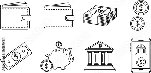 line drawing of various finance related objects including wallets banknotes coins piggy bank and a mobile phone with a banking app on a white background