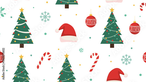 Festive Christmas pattern features a seamless repeat of decorated evergreen trees, red Santa hats, candy canes, and colorful ornaments.