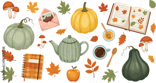 Autumn Cozy Elements Set with Pumpkins Teapot Coffee Leaves Mushrooms and Notebook Warm Fall Illustration Collection for Seasonal Design and Hygge Lifestyle