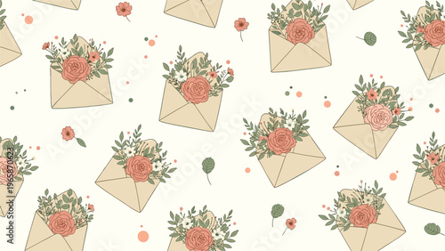 Romantic seamless pattern depicts vintage style envelopes overflowing with beautiful red and white roses and lush green foliage on cream.