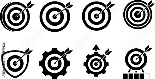 Black and white icons of targets with arrows hitting the center bullseye in various shapes and designs for business and marketing concepts