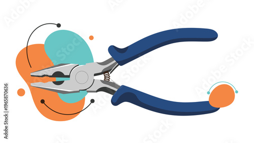 Functional pair of pliers with blue handles is depicted over an abstract background of orange and teal organic shapes in a modern style.