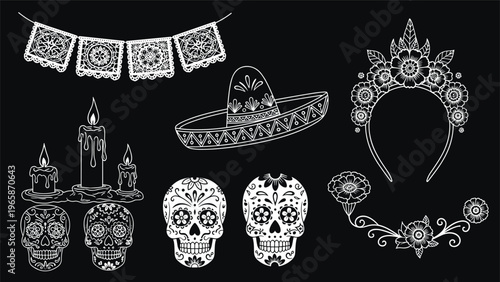 Traditional Mexican Day of the Dead symbols include sugar skulls, a sombrero, candles, and marigold flowers in a white line art collection.