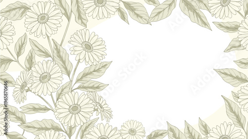 Elegant frame is constructed from sketched daisies and leaves in soft green and cream colors, providing a sophisticated border for text or art.