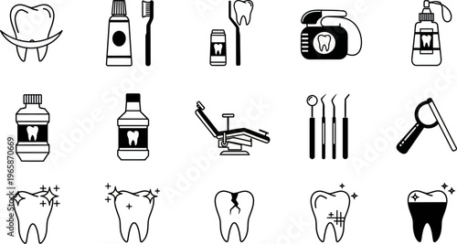 Dental care icons including teeth toothbrushes toothpaste and dental tools for oral hygiene and health