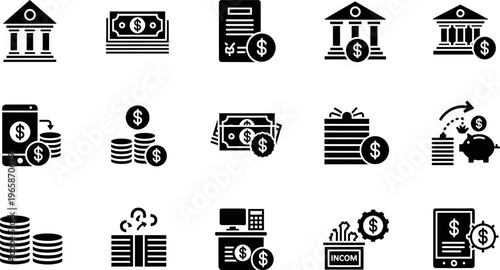 Black and white icons of various financial symbols and money concepts
