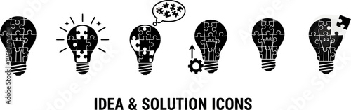 Six black lightbulb puzzle pieces icons for creative problem solving and innovation ideas