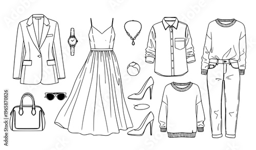 Fashion illustration of various clothing and accessories
