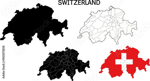 Switzerland map country borders and regions in different styles and colors on white background