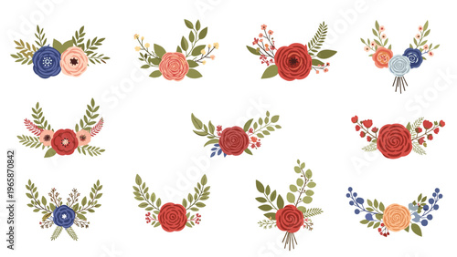 Collection of various small floral bouquets and arrangements with red blue and peach roses for wedding or special card decorations.