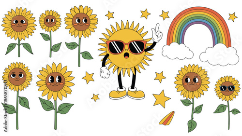 Fun set of retro style cartoon characters including smiling sunflowers a sun with sunglasses and a vibrant colorful rainbow in the sky.