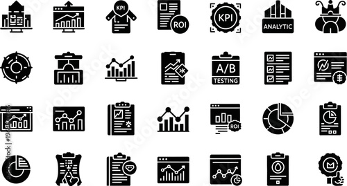 collection of business analytics and statistics icons in black and white