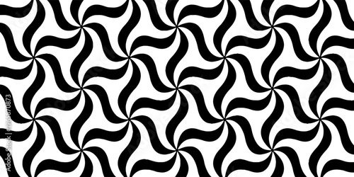 High-contrast abstract background featuring a seamless pattern of interlocking black and white floral-inspired swirls and pinwheel shapes.