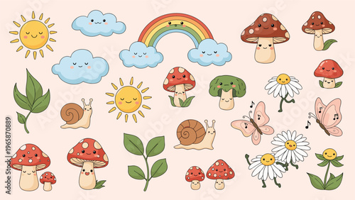 Large set of adorable kawaii style nature themed stickers including mushrooms suns clouds a rainbow snails and various butterflies.